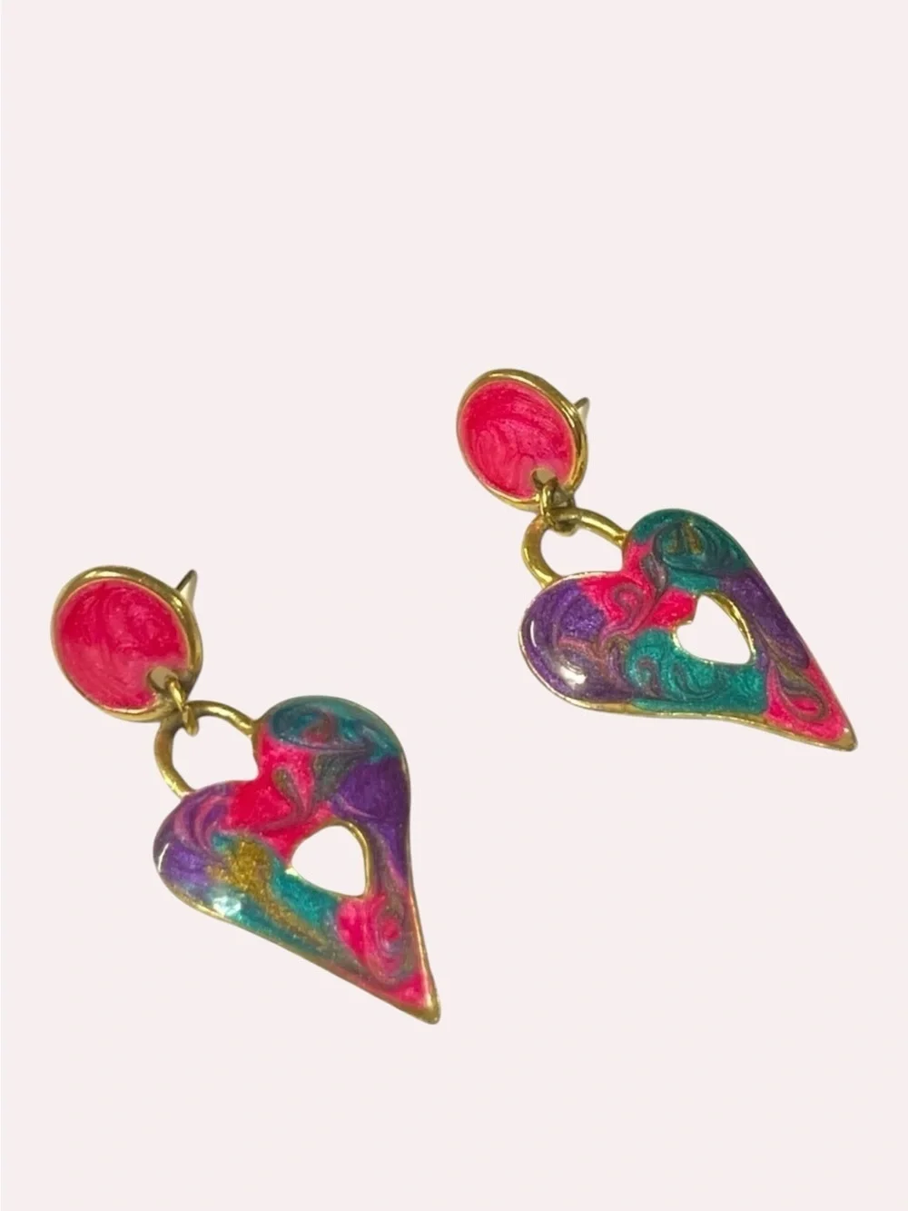 VTG Abstract Enamel Heart Drop Gold Tone Pink Purple Teal Statement Earrings